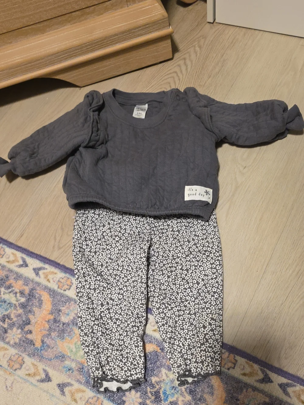 Gray Quilted Baby Top with Floral Leggings